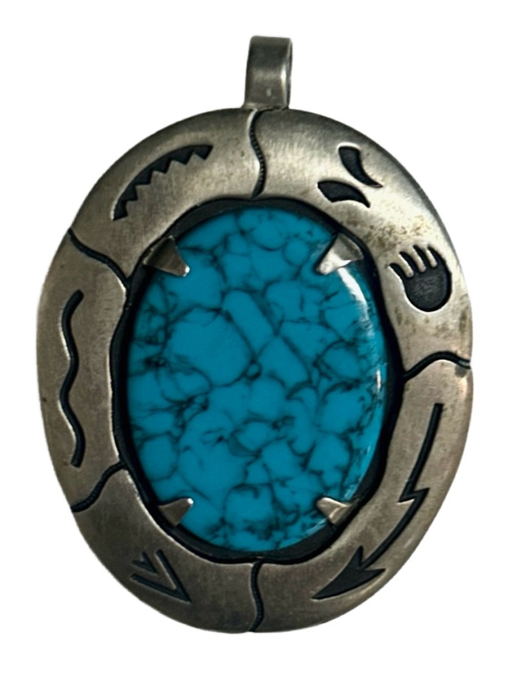 Bell Trading Post ~ Vintage ~ Nickel Silver W/ Turquoise Stone Bear Claw Pendant - Picture 2 of 11